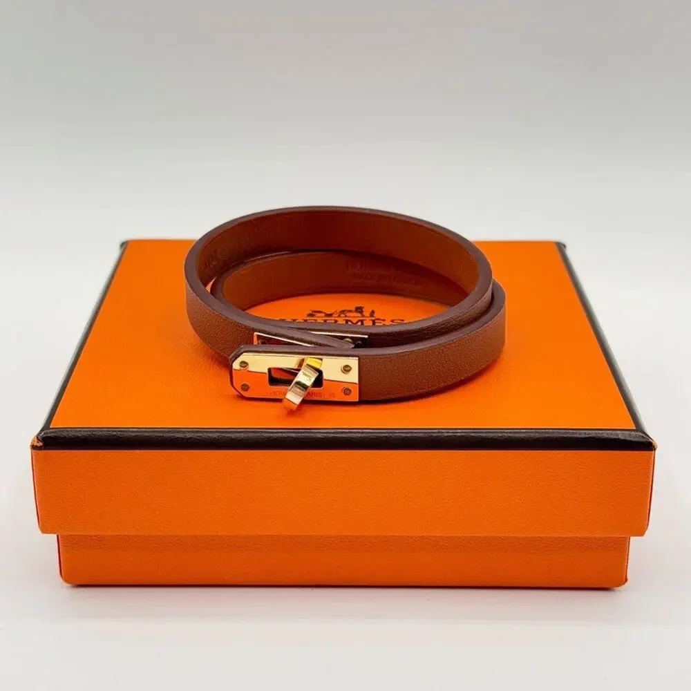 Hermes Mini Kelly Double Tour Brown Calfskin Leather Rose Gold Plated Bracelet - Picture 1 of 11